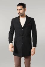 Wide Pointed Collar Over Knee Black Men Coat