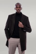 Wide Pointed Collar Over Knee Brown Men Coat
