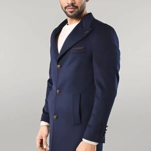 Wide Pointed Collar Over Knee Navy Blue Men Coat - Wessi