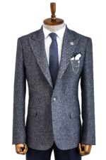Wool Patterned Slim-Fit Navy Blue Men Blazer