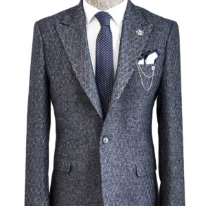 Wool Patterned Slim-Fit Navy Blue Men Blazer - Wessi