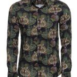 Yellow Black Leaf Patterned Long Sleeves White Men Shirt - Wessi