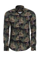 Yellow Black Leaf Patterned Long Sleeves White Men Shirt
