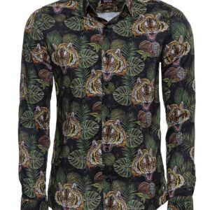 Yellow Black Leaf Patterned Long Sleeves White Men Shirt - Wessi