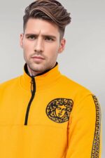 Yellow Mandarin Collar Patterned Sweatshirt