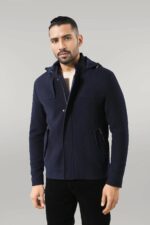 Zippered Sleeve Hooded Blue Men Coat