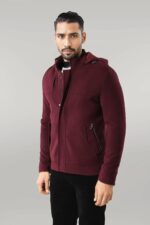 Zippered Sleeve Hooded Burgundy Coat
