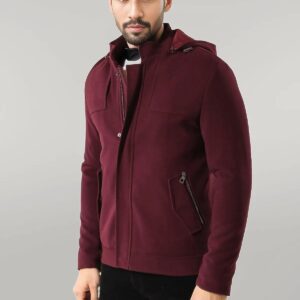 Zippered Sleeve Hooded Burgundy Coat - Wessi
