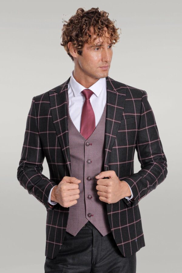 Stylish black slim fit suit for men with a checked pattern by Wessi.