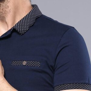 Short Sleeves Neck Patterned Navy Blue Men Polo Shirt