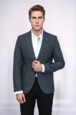 Textured Slim Fit Peak Lapel Grey Men Blazer